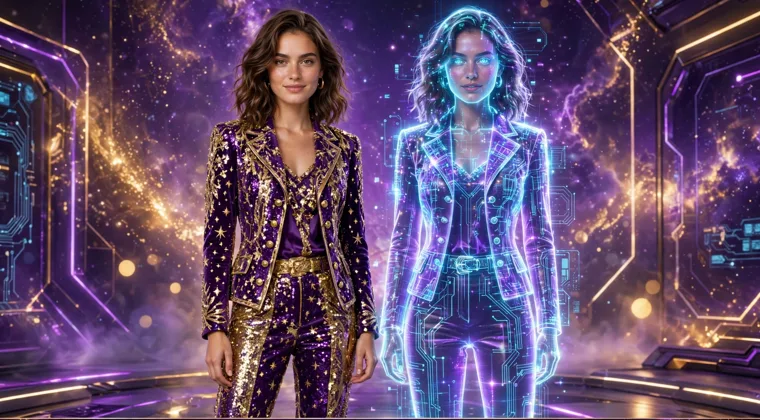 A real model standing beside her glowing holographic AI twin